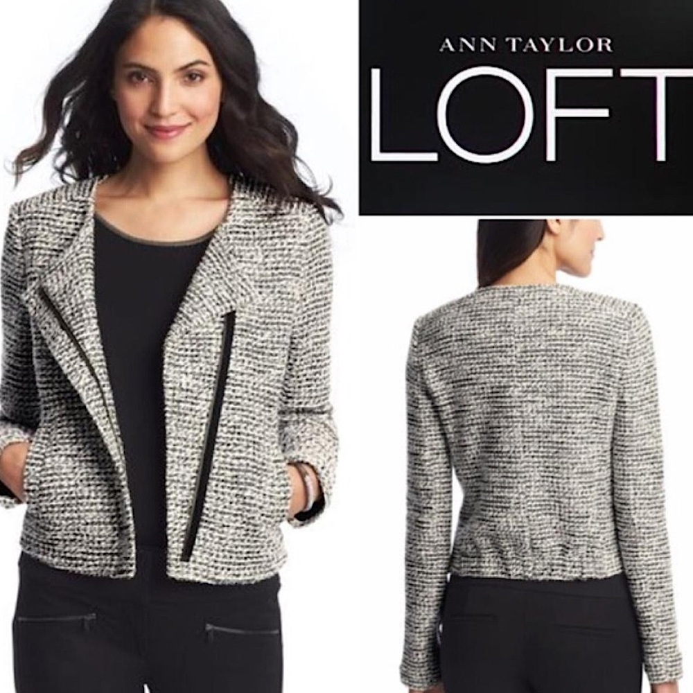 Ann Taylor Loft Textured Black and White Tweed Moto jacket Women’s Size 8P